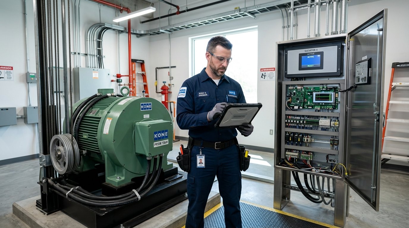 Elevator AMC Maintenance Engineer inspecting PMSM Motor